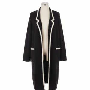 Zara Knit- Black Cardigan/Coat  with White Trim Accents